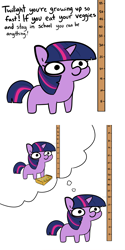 Size: 2250x4500 | Tagged: safe, artist:tjpones, derpibooru import, edit, twilight sparkle, pony, unicorn, coupon, dialogue, female, implied princess celestia, mare, measuring, offscreen character, solo, twiggie