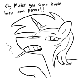 Size: 2250x2250 | Tagged: safe, artist:tjpones, oc, oc only, pony, unicorn, cigarette, dialogue, female, looking at you, mare, monochrome, simple background, solo, white background
