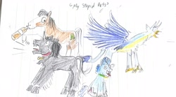 Size: 4032x2240 | Tagged: safe, artist:horsesplease, gallus, trouble shoes, alcohol, barking, beer, bottle, crowing, derp, doggie favor, drunk, drunken shoes, gallus the rooster, lined paper, panting, sombra dog, tongue out, traditional art