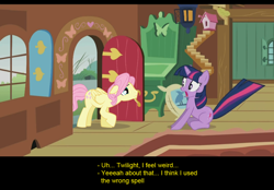 Size: 1024x714 | Tagged: safe, artist:trotsworth, derpibooru import, butterscotch, fluttershy, twilight sparkle, unicorn twilight, pegasus, pony, unicorn, comic:wrong spell, meme origin, rule 63