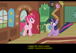 Size: 1024x714 | Tagged: safe, artist:trotsworth, derpibooru import, bubble berry, pinkie pie, twilight sparkle, unicorn twilight, earth pony, pony, unicorn, comic:wrong spell, open door, rule 63, shocked, smiling