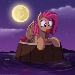 Size: 4000x4040 | Tagged: safe, artist:feital-zebra, derpibooru import, fluttershy, bat pony, pony, absurd resolution, apple, barrel, barrel of apples, bat ponified, female, flutterbat, food, mare in the moon, moon, race swap, solo, water