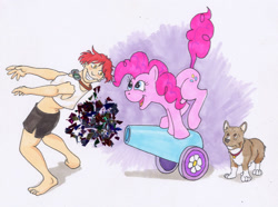 Size: 756x562 | Tagged: safe, artist:rabbi-tom, derpibooru import, pinkie pie, dog, earth pony, human, pony, confetti, corgi, cowboy bebop, cutie mark, digital art, female, mare, party cannon, simple background