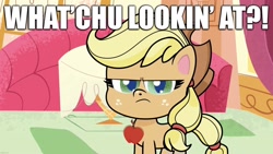 Size: 1920x1080 | Tagged: safe, derpibooru import, edit, edited screencap, screencap, applejack, earth pony, pony, my little pony: pony life, annoyed, caption, fourth wall, image macro, looking at you, text