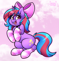 Size: 2929x3026 | Tagged: safe, artist:shyshyoctavia, oc, oc:cosmic spark, pony, unicorn, bow, clothes, female, hair bow, mare, socks, solo, striped socks