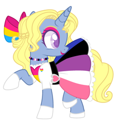 Size: 1773x1897 | Tagged: safe, artist:lavander doodles, oc, oc:azure/sapphire, unicorn, crossdressing, femboy, genderfluid pride flag, makeup, male, pansexual pride flag, pride, pride dress, pride flag