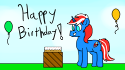 Size: 1366x768 | Tagged: safe, artist:raulixevergreen, oc, oc only, pony, unicorn, balloon, birthday, cake, food, happy, male, solo, stallion, text