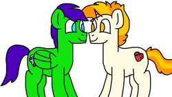 Size: 1366x768 | Tagged: safe, artist:raulixevergreen, oc, oc:covfefe cream, oc:raulix evergreen, pegasus, pony, unicorn, couple, gay, happy, love, male, simple background, staring ponies, white background