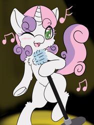 Size: 1536x2048 | Tagged: safe, artist:larrykitty, sweetie belle, unicorn, bipedal, blank flank, blushing, cheek fluff, chest fluff, cute, diasweetes, female, filly, leg fluff, looking at you, microphone, music notes, one eye closed, open mouth, singing, solo, underhoof, wingding eyes, wink