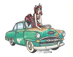 Size: 1015x787 | Tagged: safe, artist:sketchywolf-13, oc, oc only, anthro, unguligrade anthro, unicorn, anthro oc, car, chevrolet bel air, clothes, commission, dress, female, horn, looking at you, mare, pinup, rust, simple background, solo, traditional art, white background