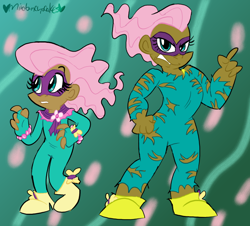 Size: 800x723 | Tagged: safe, artist:mirabuncupcakes15, derpibooru import, fluttershy, saddle rager, human, power ponies (episode), alternate hairstyle, angry, boots, buff, clothes, dark skin, female, fingerless gloves, flutterhulk, gloves, gritted teeth, humanized, mask, muscles, power ponies, shoes, solo, torn clothes