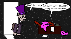 Size: 1000x553 | Tagged: safe, artist:rainbowbacon, oc, oc:rainbowbacon, earth pony, pegasus, pony, clock, gman, half-life, half-life 2, purple hat