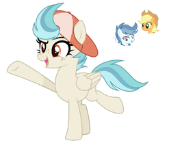 Size: 1024x858 | Tagged: safe, artist:lazuli, artist:sapphiretwinkle, derpibooru import, applejack, oc, oc:frostbite, earth pony, pegasus, pony, backwards ballcap, baseball cap, cap, female, hat, magical lesbian spawn, mare, offspring, parent:applejack, parent:oc:frostbite, parents:canon x oc, simple background, transparent background