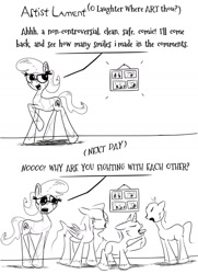 Size: 1280x1766 | Tagged: safe, artist:chopsticks, oc, oc only, oc:krystal mark, crystal pony, earth pony, pegasus, unicorn, argument, comic, crying, crystal pony oc, dialogue, diverse body types, female, glasses, monochrome, reality ensues, simple background, text, yelling