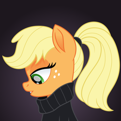 Size: 1500x1500 | Tagged: safe, artist:cloudyglow, derpibooru import, applejack, earth pony, pony, bust, clothes, female, freckles, gradient background, mare, movie accurate, scrunchy face, solo, sweater, taylor swift, turtleneck