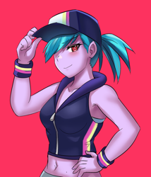 Size: 800x934 | Tagged: safe, artist:tzc, azure velour, equestria girls, anime, belly button, breasts, busty azure velour, cap, commission, equestria girls-ified, female, hat, midriff, pink background, simple background, smiling, solo, wristband