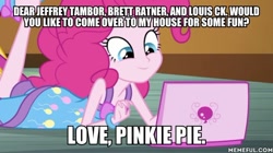 Size: 600x335 | Tagged: safe, edit, edited screencap, screencap, pinkie pie, equestria girls, rainbow rocks, caption, computer, image macro, laptop computer, op is a cuck, op is trying to start shit, text