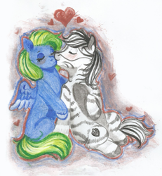 Size: 1003x1086 | Tagged: safe, artist:69beas, oc, oc:adelle, oc:palatinatus clypeus, pegasus, zebra, blushing, couple, cute, eyes closed, heart, hug, kissing, pegasus oc, spread wings, traditional art, wings, zebra oc