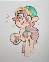 Size: 2628x3288 | Tagged: safe, artist:dawnfire, oc, oc only, oc:vanilla creame, earth pony, pony, alcohol, baseball cap, beer, blushing, cap, crayon, drunk, hat, oakland athletics, simple background, solo, tongue out, traditional art, white background