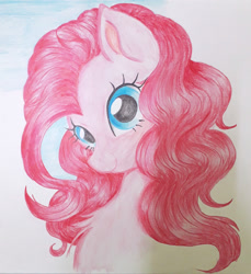 Size: 1810x1975 | Tagged: safe, artist:nijidashiey7, derpibooru import, pinkie pie, earth pony, pony, bust, chest fluff, female, looking at you, mare, portrait, smiling, solo, three quarter view, traditional art