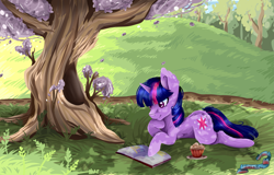 Size: 3061x1959 | Tagged: safe, artist:inlaru, twilight sparkle, unicorn twilight, pony, unicorn, friendship is magic, book, chillaxing, dappled sunlight, detailed background, digital art, female, food, happy, mare, muffin, prone, reading, relaxing, solo, tree