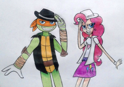 Size: 1179x833 | Tagged: safe, artist:mlptmntdisneykauane, pinkie pie, anthro, turtle, equestria girls, beat it, crossover, female, hat, looking at you, male, michael jackson, michelangelo, teenage mutant ninja turtles, traditional art