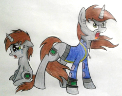 Size: 1191x937 | Tagged: safe, artist:mlptmntdisneykauane, oc, oc only, oc:littlepip, pony, unicorn, fallout equestria, angry, clothes, crying, fanfic, fanfic art, female, filly, floppy ears, foal, hooves, horn, mare, pipbuck, sad, self ponidox, simple background, sitting, song in the description, standing, traditional art, vault suit, white background