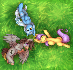 Size: 2700x2591 | Tagged: safe, artist:pingwinowa, oc, oc only, oc:glacandra, oc:luxor, oc:tulipan, classical hippogriff, hippogriff, unicorn, bow, cute, freckles, grass, hair bow, luxorian trio, lying down, missing accessory, one eye closed, smiling