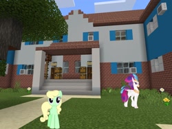 Size: 2048x1536 | Tagged: safe, artist:90sigma, artist:topsangtheman, apple honey, apple tarty, queen novo, classical hippogriff, earth pony, hippogriff, pony, topsangtheman's minecraft server, my little pony: the movie, apple family member, house, looking at you, minecraft, photoshopped into minecraft, tree