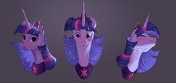 Size: 4160x1968 | Tagged: safe, artist:varwing, twilight sparkle, twilight sparkle (alicorn), alicorn, pony, bust, crown, ethereal mane, female, gray background, high res, jewelry, mare, peytral, portrait, regalia, simple background, solo, starry mane