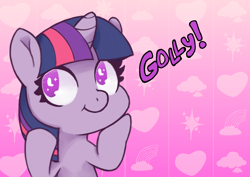 Size: 2016x1426 | Tagged: safe, alternate version, artist:wild-thunder06, twilight sparkle, cloud, cute, eye sparkles, female, filly, filly twilight sparkle, golly, heart, no pupils, pink background, simple background, solo, twiabetes, wingding eyes, younger
