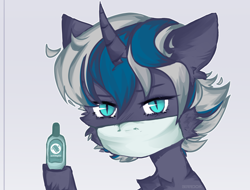 Size: 2500x1900 | Tagged: safe, artist:birrdok, oc, oc only, oc:elizabat stormfeather, alicorn, bat pony, bat pony alicorn, pony, alicorn oc, bat pony oc, bat wings, blue background, chest fluff, commission, coronavirus, covid-19, disinfectant spray, female, hoof hold, horn, mare, mask, raised hoof, simple background, solo, surgical mask, wings, ych result