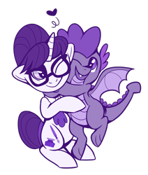 Size: 1324x1564 | Tagged: safe, artist:chroniqlo, raven, spike, dragon, unicorn, ascot, commission, female, glasses, hair bun, heart, hug, interspecies, looking at each other, male, mare, monochrome, necktie, older, older spike, one eye closed, ravenspike, secretary, shipping, simple background, smiling, spikelove, straight, transparent background, winged spike, wink