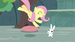 Size: 1920x1080 | Tagged: safe, derpibooru import, screencap, angel bunny, fluttershy, pegasus, pony, rabbit, she talks to angel, animal, duo, eyes closed, female, leaping, male, mare, pillow