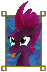 Size: 1900x2900 | Tagged: safe, artist:sixes&sevens, fizzlepop berrytwist, tempest shadow, :p, abstract background, framed picture, mlem, out of frame, silly, simple background, solo, tongue out, transparent background