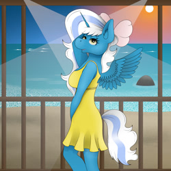 Size: 1000x1000 | Tagged: safe, artist:zeronitroman, oc, oc:fleurbelle, alicorn, anthro, alicorn oc, beach, beach background, bedroom eyes, bow, clothes, dress, female, golden eyes, hair bow, horn, mare, ocean, spotlight, sun, sunset, wings, yellow dress