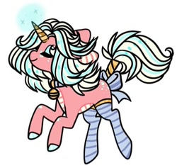 Size: 438x416 | Tagged: safe, artist:im_insanex, oc, oc only, pony, unicorn, bell, bow, cat bell, clothes, colored hooves, eyes closed, glowing horn, horn, simple background, socks, solo, striped socks, tail bow, tail wrap, unicorn oc, white background