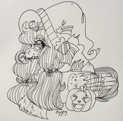 Size: 1080x1058 | Tagged: safe, artist:im_insanex, oc, oc only, pegasus, pony, bow, candy, food, hair bow, halloween, hat, holiday, jack-o-lantern, lineart, lollipop, monochrome, mouth hold, pegasus oc, pumpkin, signature, solo, traditional art, wings, witch hat