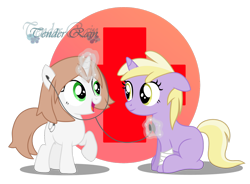 Size: 1280x940 | Tagged: safe, artist:tenderrain46, dinky hooves, oc, oc:healing touch, pony, unicorn, female, filly, listening, magic, simple background, stethoscope, transparent background