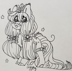 Size: 1080x1058 | Tagged: safe, artist:im_insanex, oc, oc only, earth pony, pony, :p, bow, chest fluff, cloven hooves, earth pony oc, hair bow, jewelry, lineart, monochrome, signature, solo, tiara, tongue out, traditional art