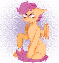 Size: 2025x2160 | Tagged: artist needed, source needed, safe, scootaloo, pegasus, pony, blushing, cute, cutealoo, female, one hoof raised, solo