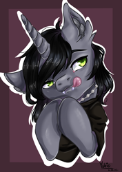 Size: 2480x3507 | Tagged: safe, artist:yukiooo, pony, unicorn, bust, clothes, commission, disguise, disguised siren, ear fluff, fangs, hair over one eye, horn, jewelry, kellin quinn, licking, licking lips, male, necklace, ponified, shirt, sleeping with sirens, solo, stallion, t-shirt, tongue out, ych result