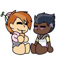 Size: 1000x1000 | Tagged: safe, artist:icey-wicey-1517, artist:kb-gamerartist, color edit, edit, button mash, rumble, human, collaboration, barefoot, bisexual pride flag, chibi, clothes, colored, dark skin, drinking, drinking straw, ear piercing, earring, eyes closed, feet, gay, genderfluid, genderfluid pride flag, hat, hoodie, humanized, jewelry, juice, juice box, male, nonbinary, nonbinary pride flag, pansexual, pansexual pride flag, piercing, pride, pride flag, pride month, propeller hat, rumblemash, shipping, simple background, sitting, straw, transparent background