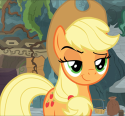 Size: 1011x939 | Tagged: safe, derpibooru import, screencap, applejack, earth pony, pony, shadow play, cropped, dreamworks face, lidded eyes, raised eyebrow, smiling, smirk, smug, smugjack, solo