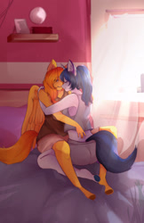 Size: 1500x2314 | Tagged: safe, artist:walllie, oc, oc only, oc:firetale, oc:mirror image, anthro, pegasus, unicorn, bed, couple, cuddling, female, horn, mare, smiling, window, wings