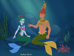 Size: 820x620 | Tagged: safe, artist:azaleasdolls, editor:jdueler11, cattail, ms. vine, mermaid, catvine, female, male, mermaid maker, mermaidized, merman, mermanized, shipping, species swap, straight, underwater