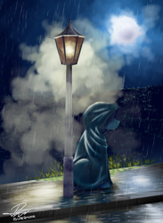 Size: 3300x4500 | Tagged: safe, artist:supermoix, oc, oc:supermoix, pegasus, pony, cloak, clothes, dripping, fog, hood, lamppost, moon, night, rain, solo