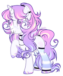 Size: 2240x2677 | Tagged: safe, artist:lazuli, oc, oc only, pony, unicorn, clothes, ear piercing, earring, hoof polish, horn, jewelry, looking up, piercing, raised hoof, simple background, smiling, socks, solo, striped socks, transparent background, unicorn oc