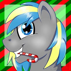 Size: 2000x2000 | Tagged: safe, artist:bluebutt, oc, oc only, oc:fizzygreen, pony, unicorn, abstract background, candy, candy cane, christmas, food, happy, holiday, male, smiling, smiling at you, stallion