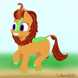 Size: 1500x1500 | Tagged: safe, artist:shoophoerse, oc, oc:magma flow, kirin, abstract background, excited, grin, happy, happy dance, kirin day, kirin oc, scales, smiling, solo